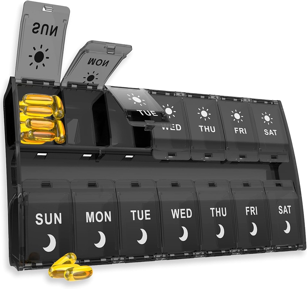 XLの大きい丸薬のオルガナイザー7日、週刊の薬の丸薬箱1日2回、Am Pmの丸薬の箱のオルガナイザー14は蝶番を付けられたふたの設計、魚油/補足(黒)のための毎日の箱の丸薬ディスペンサーとコンパートメントします