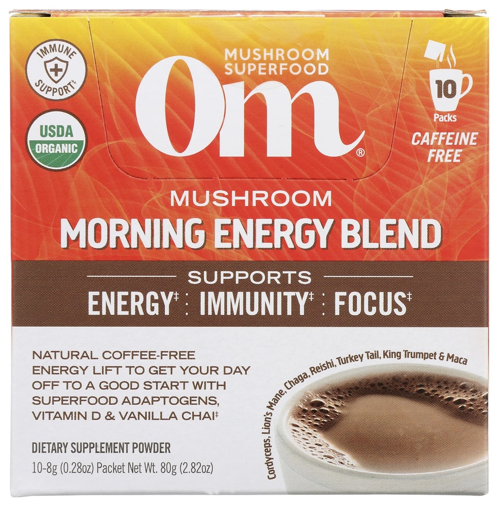Omのきのこのスーパーフードの朝のエネルギー ブレンドのきのこの粉の飲み物、コーディセプ、ビタミンD2、Agaricusのビスポラス、ライオンのマネ、Rhodiolaおよびトルコの尾、10の計算、2.82 Oz
