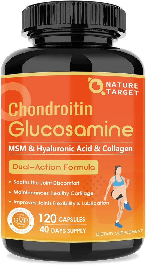 NATURE TARGET Glucosamine Chondroitin Joint Support Supplement - Plus MSM, Collagen, Turmeric, Shellfish Free, Supports Joint, Knees, Cartilage, for Men & Women, 120 Caps