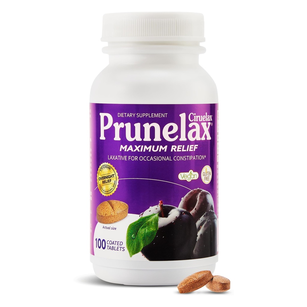 Prunelax Ciruelaxの最大リリーフラキサーティブタブレットと自然セナ便秘のための, セナエキス, ビーガン&グルテンフリー, 穏やかな一晩救済 - 100ct