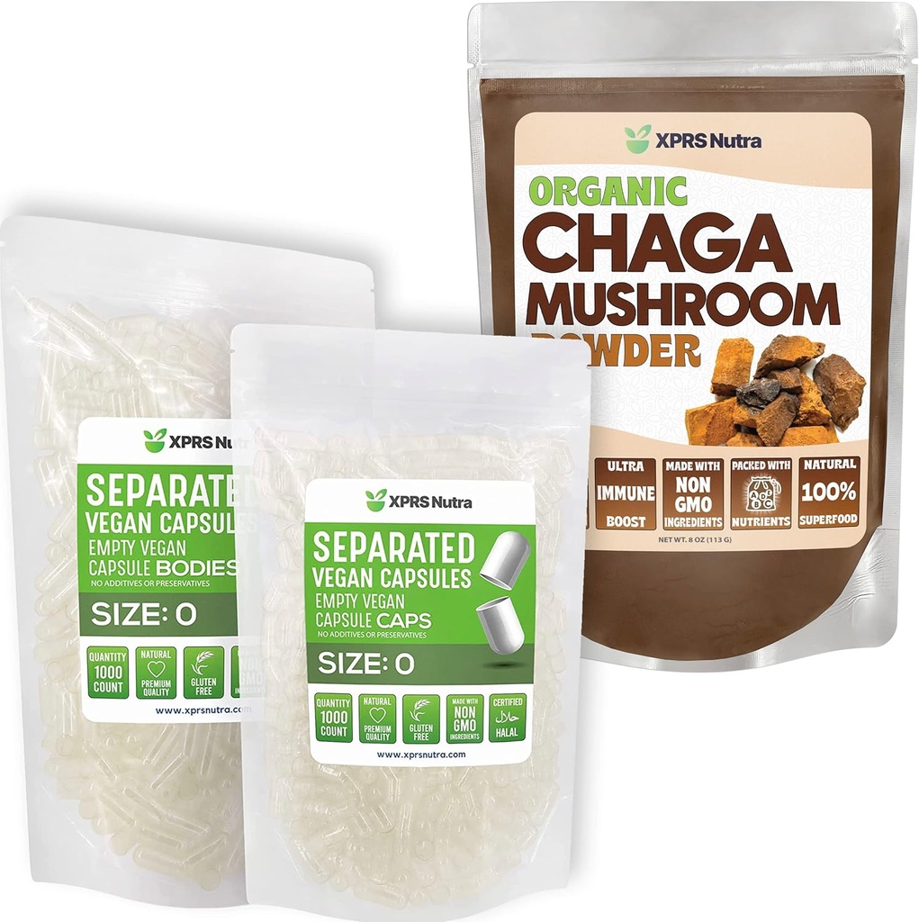 XPRSのNutraはChagaの粉(8のOunce)の束が付いているサイズ0のカプセル(1000の計算)を分けました