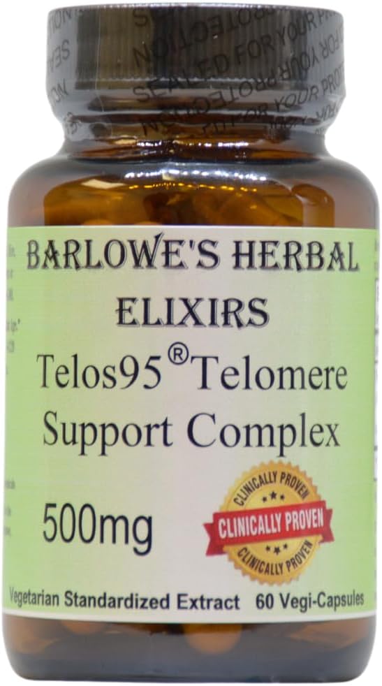 BarloweのHerbal Elixirs Telos95® Telomereサポートコンプレックス | 高度なセルラーヘルス&長寿フォーミュラ | 500mg with Astragalus Extract | Non-GMO、ステアフリー、ガラスボトル入り