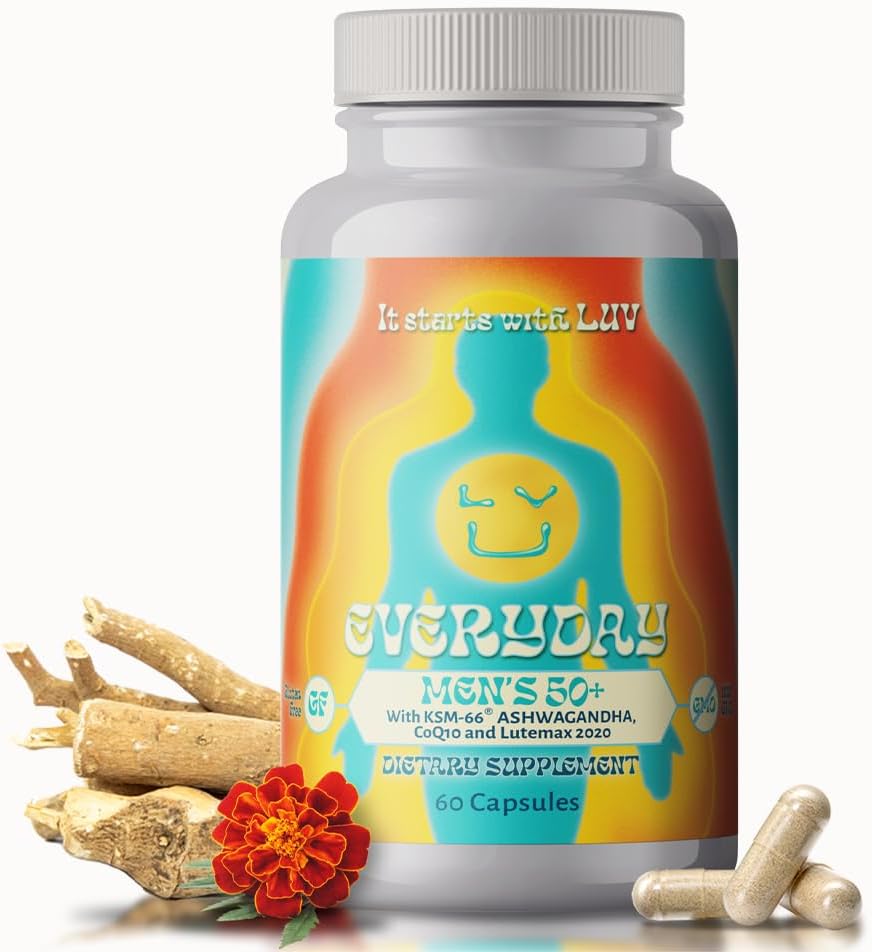 LUV EverydayTMメンズ50 +マルチビタミン - アイロン、カルシウム、KSM-66 Ashwaganda、CoQ10、Lucopene、およびLutemax 2020 - ベジタリアングルテンフリー&非GMO - 60カプセル