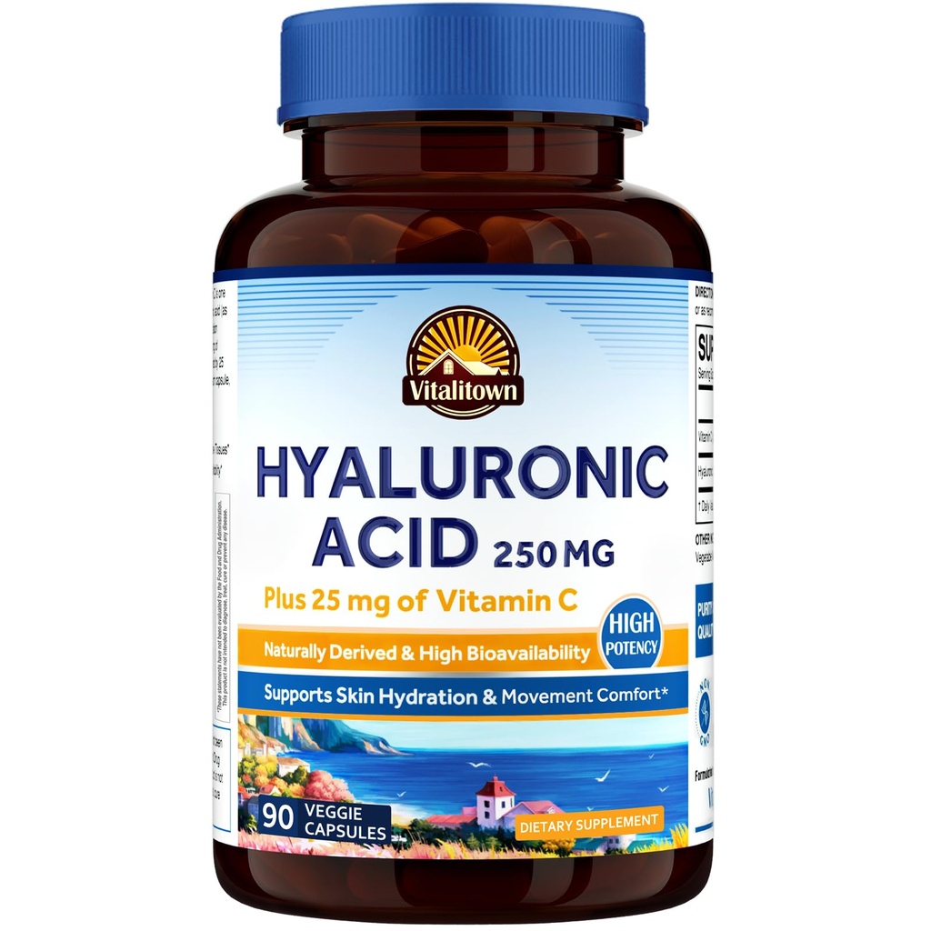 Vitalitown Hyaluronic 酸は 250 の mg、プラス 25 の mg のビタミン C、Naturally の派生物利用性、皮の水和、90 のビーガン カプセル、3 か月の供給を補います