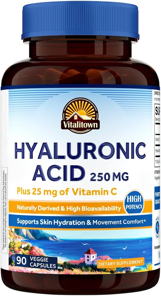 Vitalitown Hyaluronic 酸は 250 の mg、プラス 25 の mg のビタミン C、Naturally の派生物利用性、皮の水和、90 のビーガン カプセル、3 か月の供給を補います