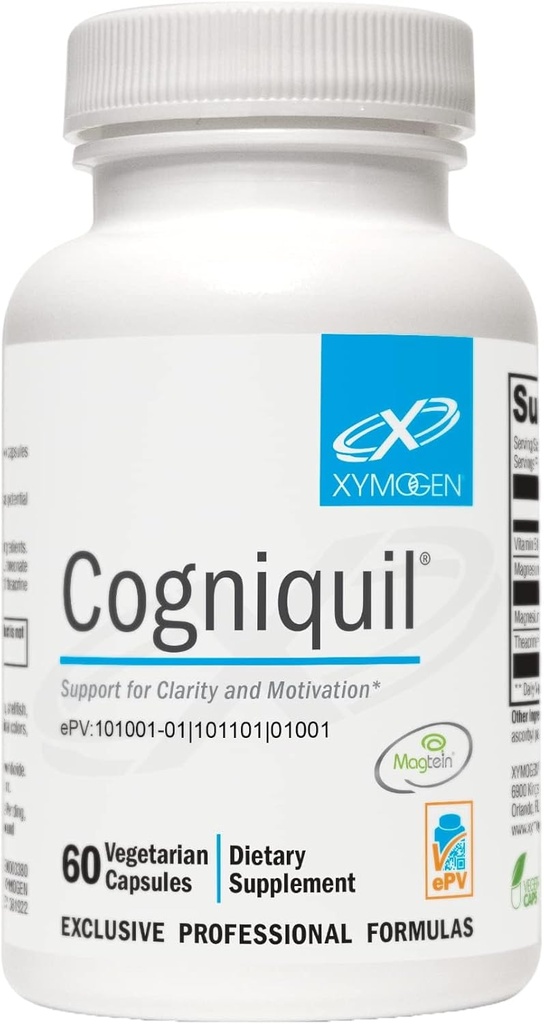 XYMOGEN Cogniquil - Support for Clarity, Focus, Motivation, Mental and Physical Energy - Magnesium L-Threonate to Supply Bioavailable Magnesium to The Brain, Theacrine + Vitamin B12 (60 Capsules)