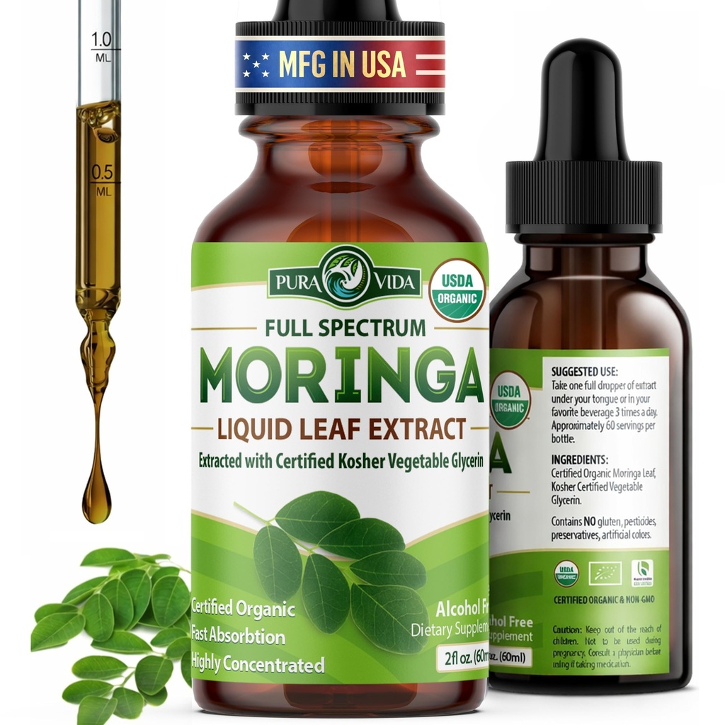PURA VIDA MORINGAの葉のエキスの液体の低下-証明されるUSDAの有機性-非常に浄化される、Bioavailable及びMoringaの粉かカプセルより速い吸収-単一の起源のMoringa Oleiferaの葉のエキスのエキス
