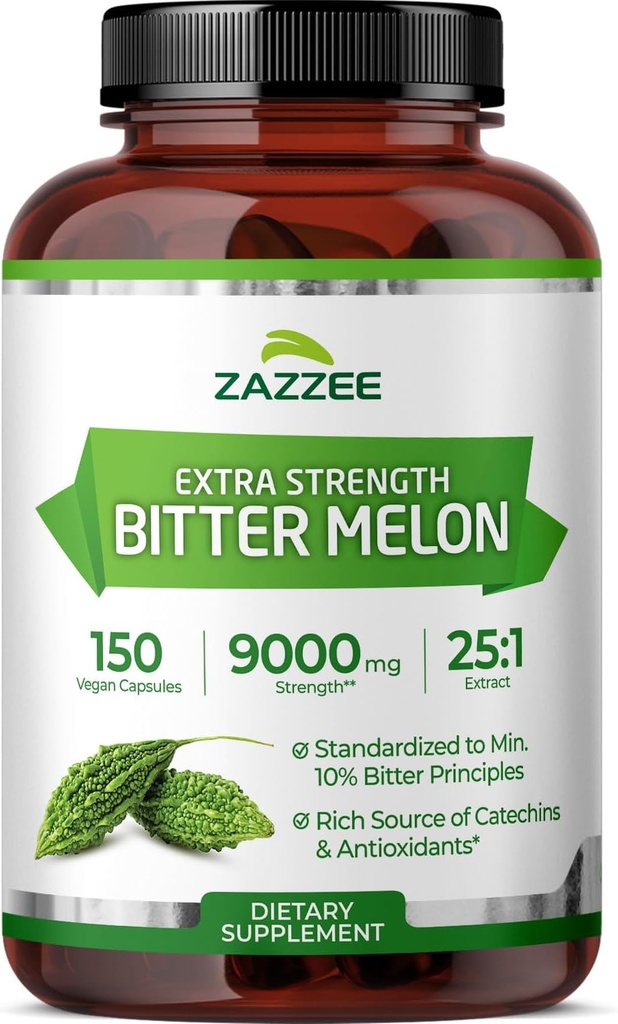 Zazzee Extra Strength Bitter Melon 25:1 Extract, 9000 mg Strength, 10% Bitter Principles, 150 Vegan Capsules, Standardized and Concentrated 25X Extract, 100% Vegetarian, All-Natural and Non-GMO