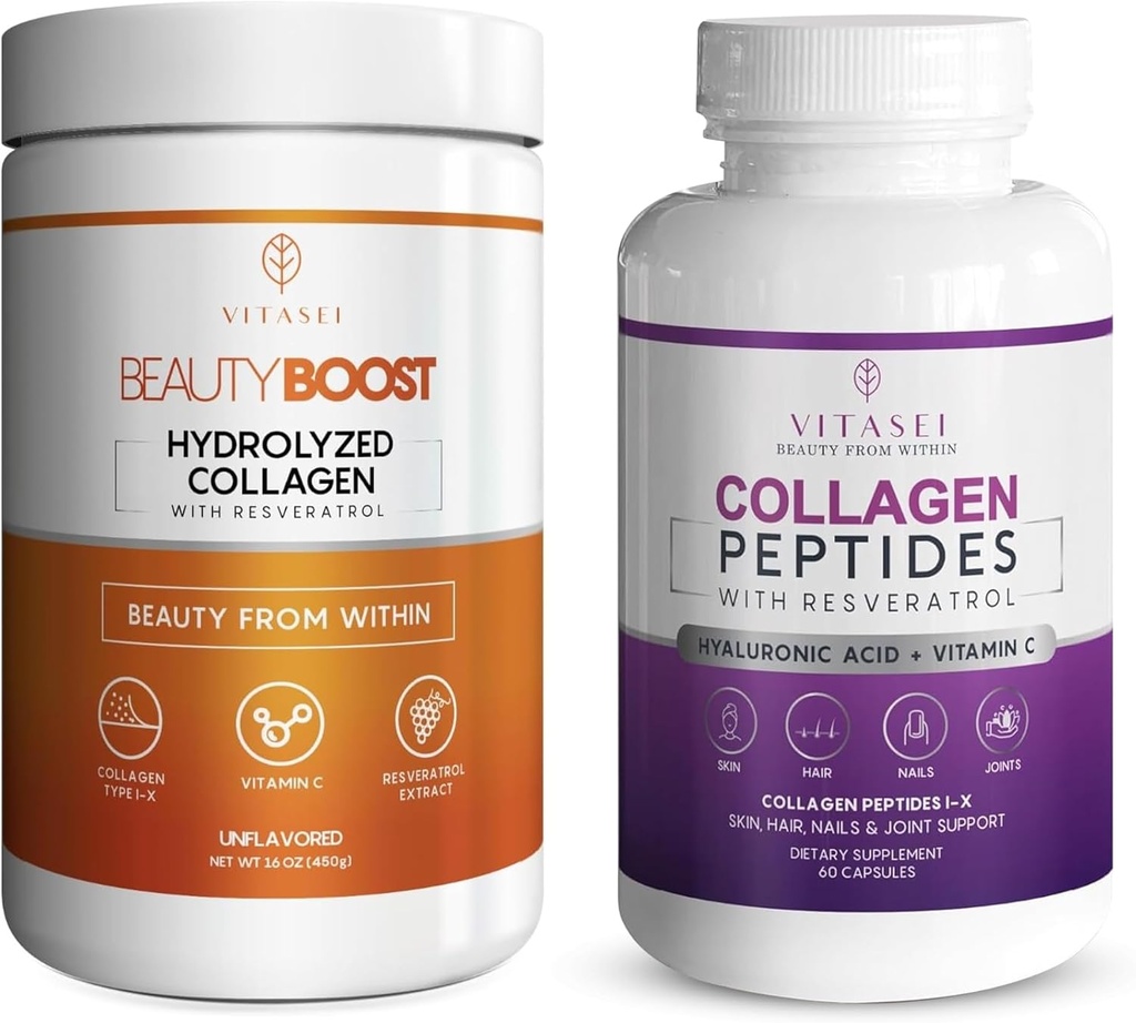 VITASEI Collagen Wellness Bundle – Hydrolyzed Collagen Peptides Powder & Collagen Peptide Capsules with Vitamin C & Resveratrol – Support for Hair, Skin, Nails, Bones, & Joints