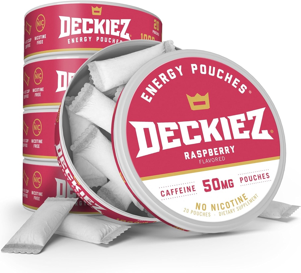 Deckiez エネルギー ポーチ, 5 缶 (100 サービング), 砂糖 無料のカフェイン サプリメント, コーヒー ポーチ & エネルギー ドリンク 代替, 50 mg カフェイン ポーチ, ラズベリー 味