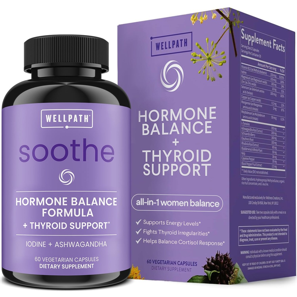 WellPath Soothe ホルモン バランス 女性用 + コルチゾール サプリメント | 甲状腺機能支援、気分サポート、代謝ブースター | アドレナリン・セレン・ヨウ素 | 適応物質、60カラット