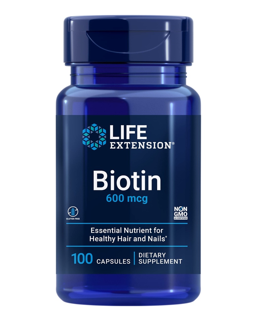 ライフエクステンション ビオチン 600 mcg ビタミン B7 美しい髪、ネイル&ビヨンドのためのサポートサプリメント – グルテンフリー、非GMO - 100 カプセル