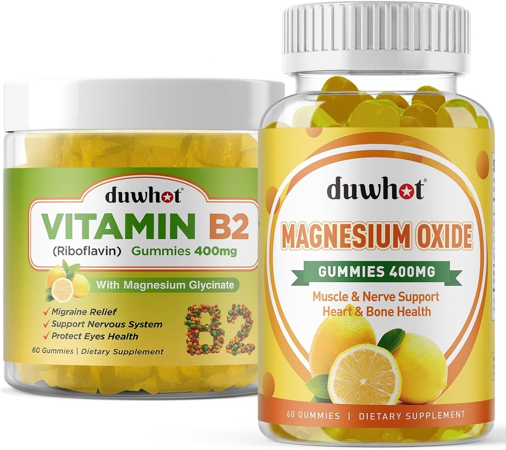 Migraine Relief - Vitamin B2 Gummies (Riboflavin) 400mg & Magnesium Oxide Gummies 400mg, Headache Relief & Nervous System Support