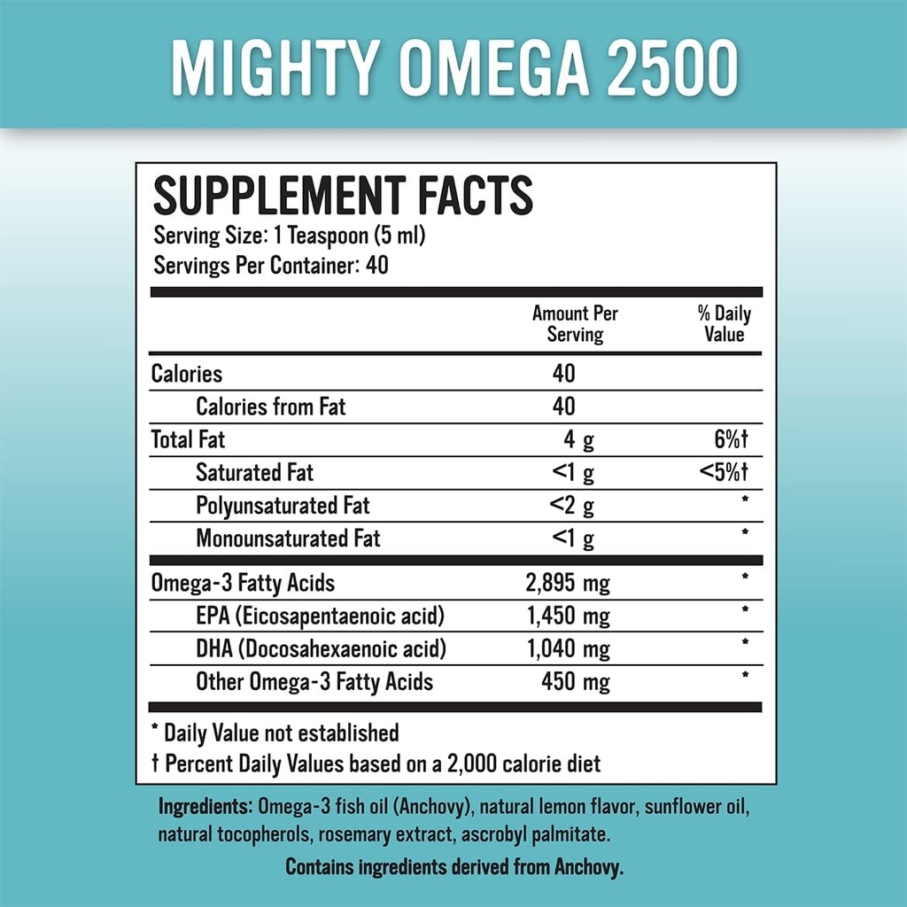 Mightyオメガ2500ポテントオメガ3サプリメント - 2500 MG EPA DHA Per Teaspoon - High Dose Omegaの3フィッシュオイル - サウスパシフィックアンチョビーソース - トリグリセリドオメガ3脂肪酸サプリメント
