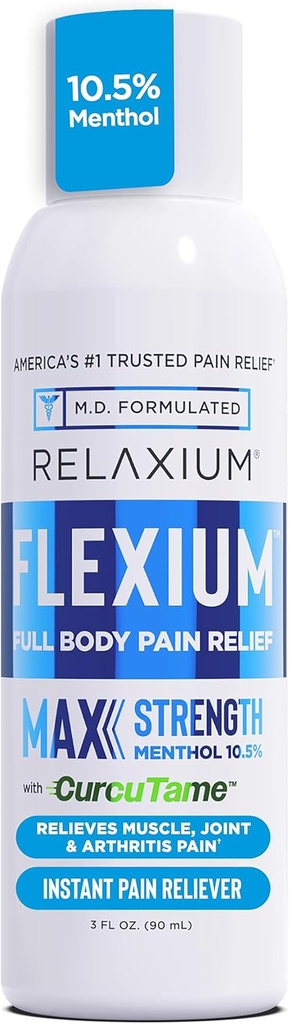 Relaxium Flexium Instant Spray for Pain, Max Strength with 10.5% Menthol & CurcuTame, Supports Muscle, Joint and Arthritis Pain Relief, 3 FL oz. (90 ml)