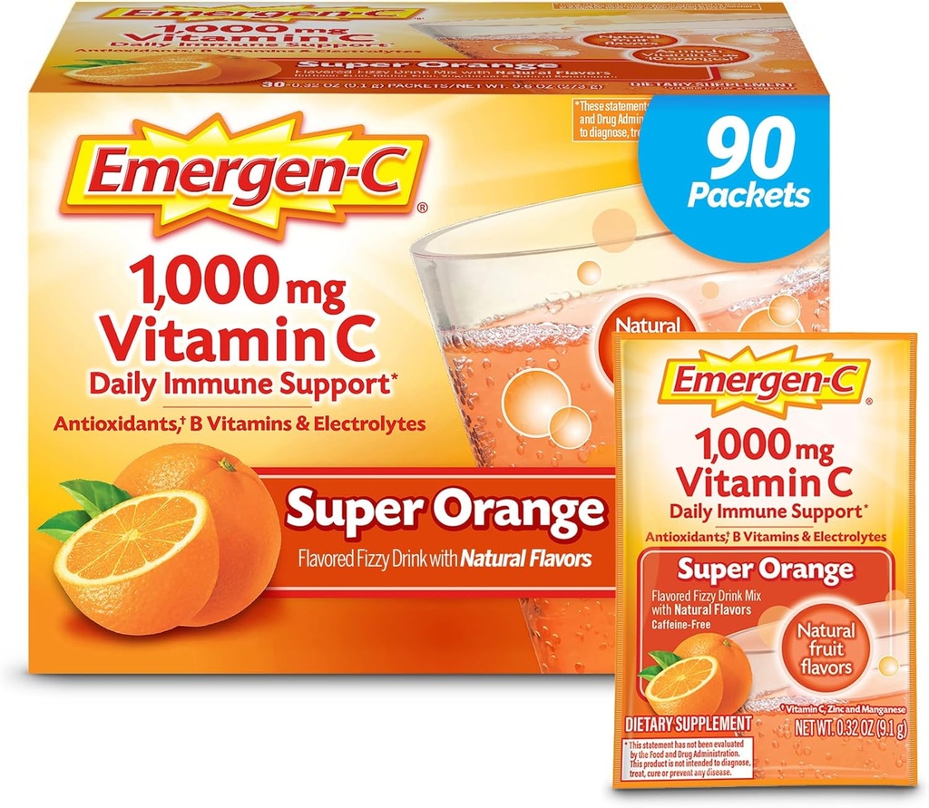 毎日の免疫サポートカフェインのためのEmergen-C 1000mgビタミンCの粉は亜鉛およびマンガン、Bのビタミンおよび電解物、極度のオレンジ味- 90の計算/3か月の供給とビタミンCの補足します