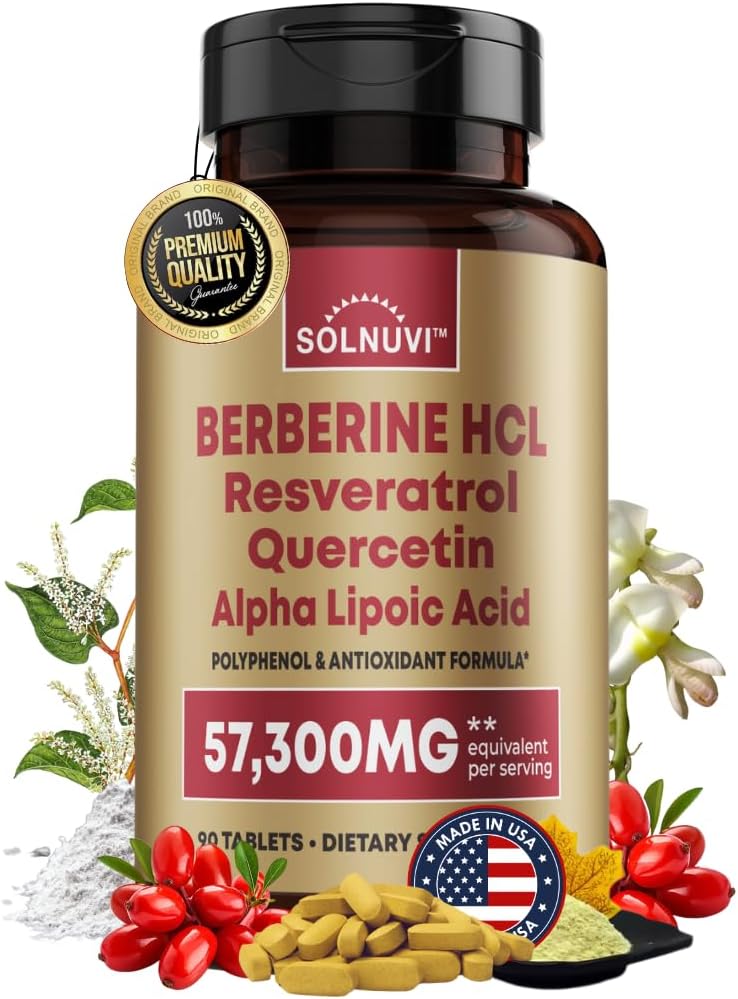 Premium Berberine Supplement with Resveratrol Quercetin Alpha Lipoic Acid - 50:1 Berberine HCl Complex Potent Antioxidants, Polyphenols, Vitality Boost - 90 Vegan Tablets, Non-GMO, Gluten-Free