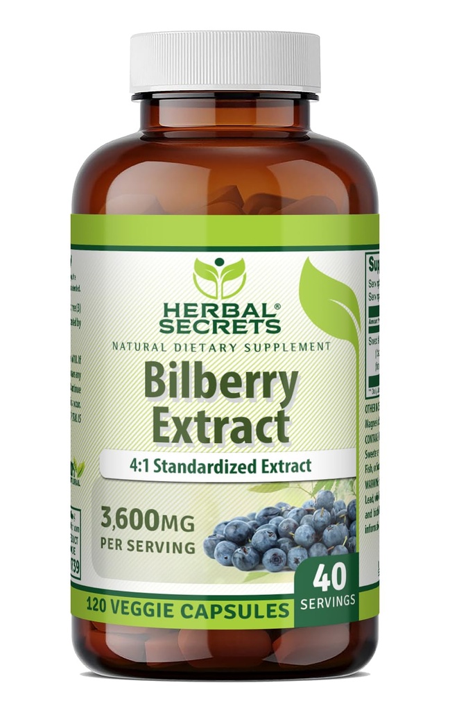 ハーブシークレット ビルベリーエキス 300mg | 4:1 エキス(3600mg相当) | Veggie Capsules | Non-GMO | グルテンフリー | アメリカ製(120カウント)