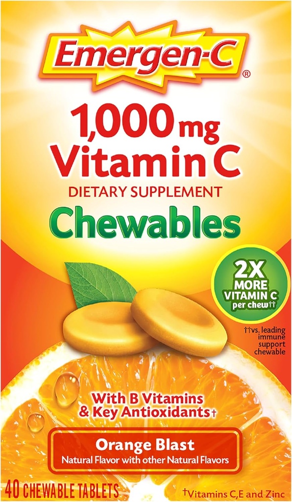 Emergen-CのChewableビタミンC 1000mg、Bのビタミンおよび酸化防止剤のタブレット(40の計算、オレンジ ブラストの味)、食事療法の補足