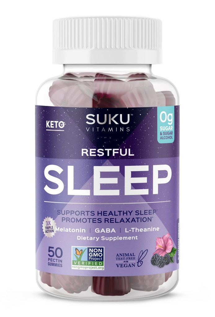 SUKU 休眠ガミー – 3 mg メラトニン, L-テアニン & GABA – 完全菜食主義者の, リラックス&自然睡眠サポートのための砂糖なしの咀嚼– BlackBerry-ハイビスカス風味–非GMO, グルテンフリー – 50 カウント