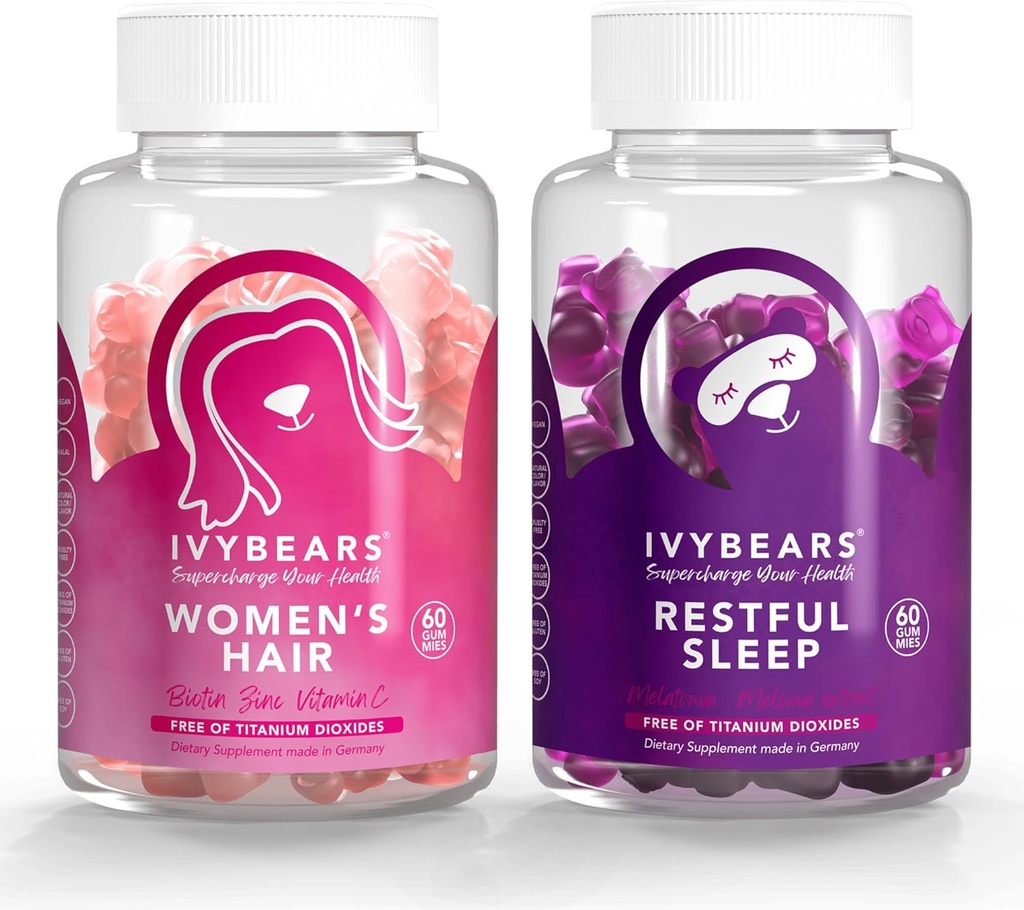 IvyBears® 髪 & 女性のための眠りのグミー – ビオチン ヘア ビタミン + リラックスした植物でメラトニンを高速演技 – ビーガン美容 & 睡眠サポート – 2-パック