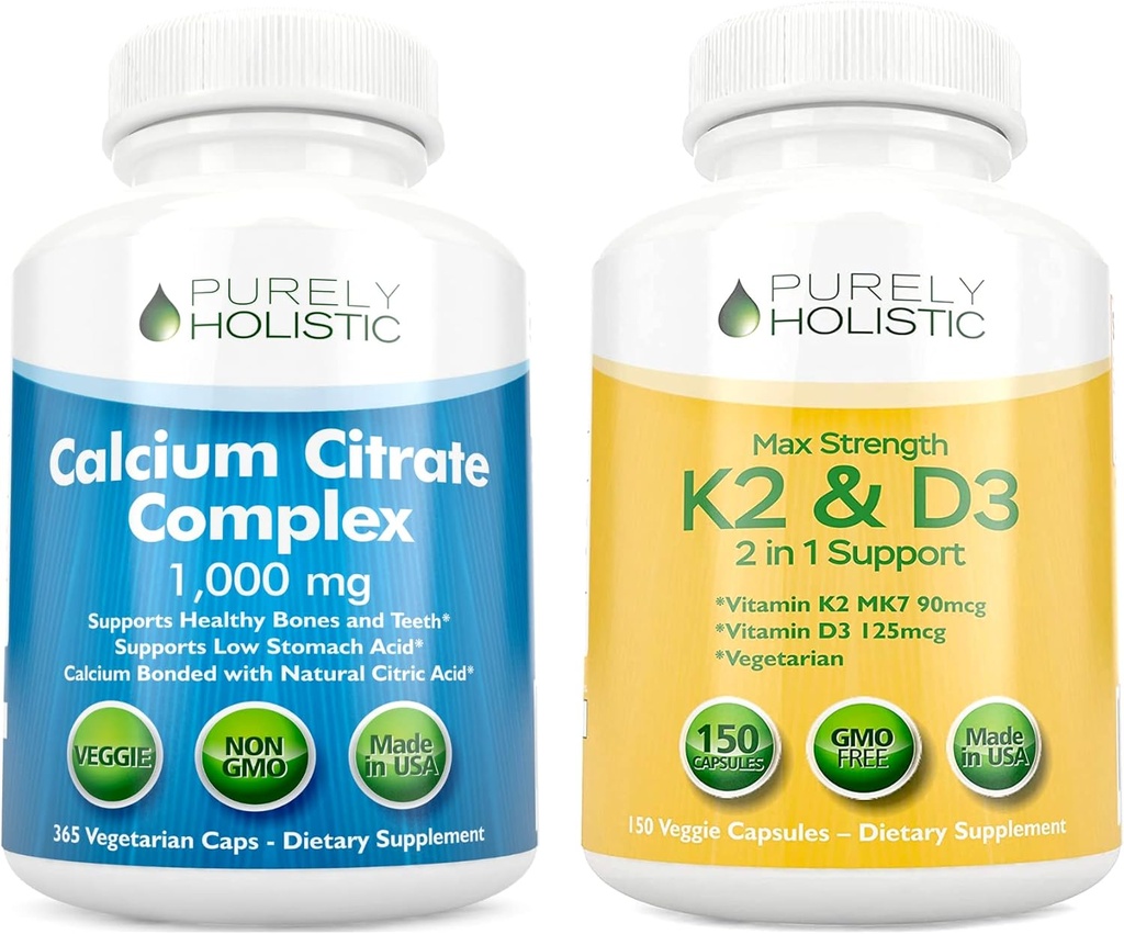 純粋にホリスティックカルシウムクエン酸塩コンプレックス1000mg +ビタミンD3 125mcg K2 MK7 90mcg - 365ビーガンカプセル+ 150ベジタリアンカプセルバンドル - アメリカ製