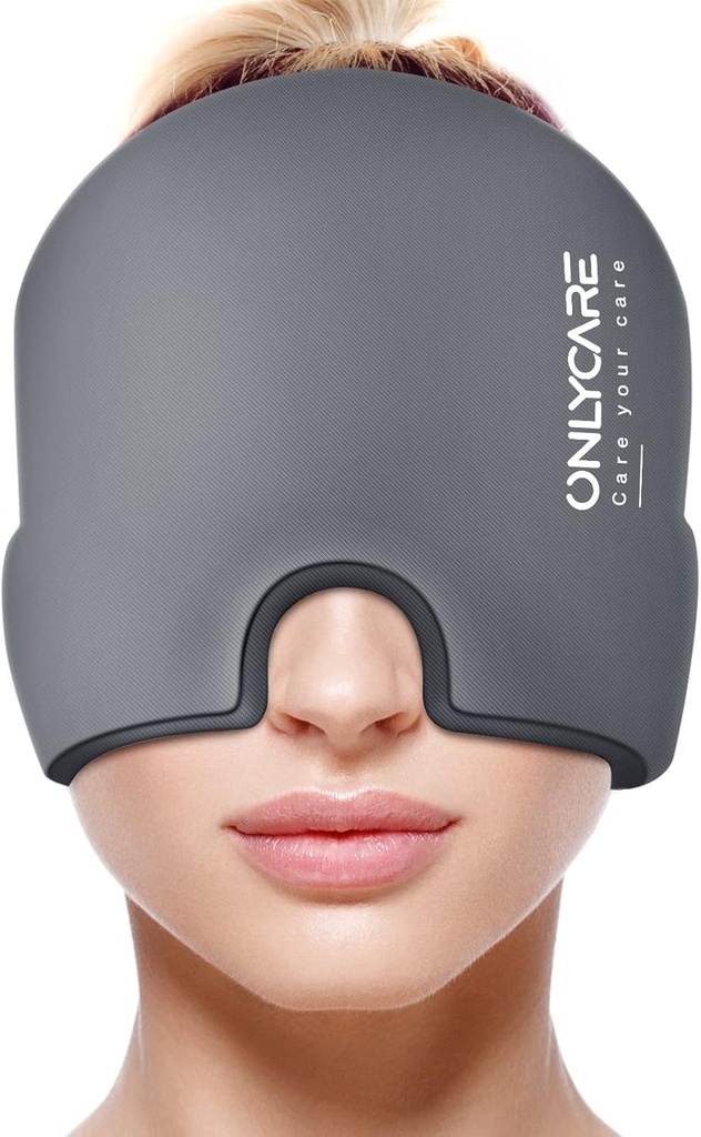 ONLYCARE Migraine の救助の帽子、薄板になる Migraine のマスク、改善された無臭のゲルのアイス ヘッド覆い、熱く、冷たい療法、張力および圧力(灰色)のための FSA か HSA の適性の頭痛のアイスパック
