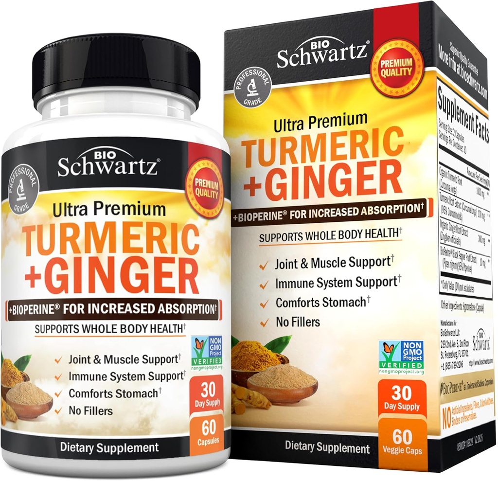 Turmeric Curcumin and Ginger Supplement - 95% Standardized Curcuminoids with BioPerine Black Pepper Extract for Ultra High Absorption - Natural Joint Support Supplement - Gluten-Free - 60 Capsules