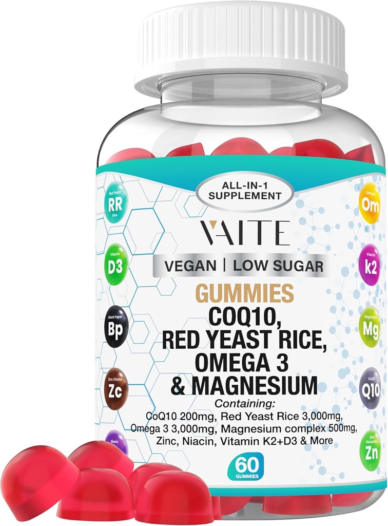 CoQ10 200mg Gummies with Red Yeast Rice & Magnesium Glycinate – Omega-3, Zinc, and Vitamin K2+D3 for Overall Health – Supplements for Adults – 60 Chewable Gummies