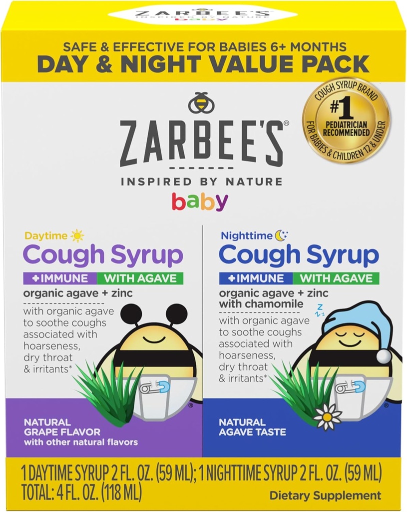 Zarbee's Baby Day & Night Cough Medicine & Syrup Value Pack with Organic Agave + ジンフォー免疫サポート、ナチュラルグレープ昼夜&チャモミールナイト、ベイビー咳薬、2 x 2 fl oz