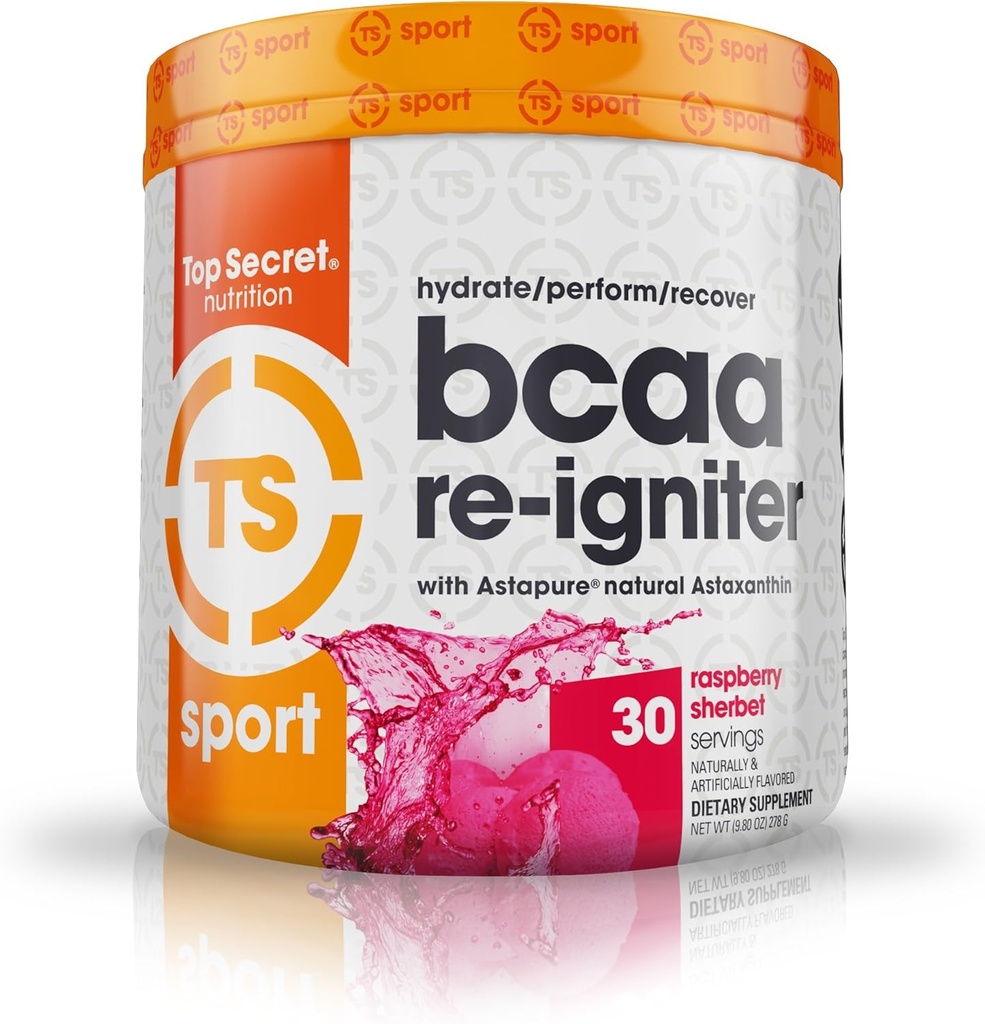トップシークレット栄養 BCAA Re-Igniter ビーガンアミノ酸サプリメント アスタキサンチンと電解液、ココナッツ水と水和ブレンド、9.80 oz (30サービング)、ラズベリーシャーベット