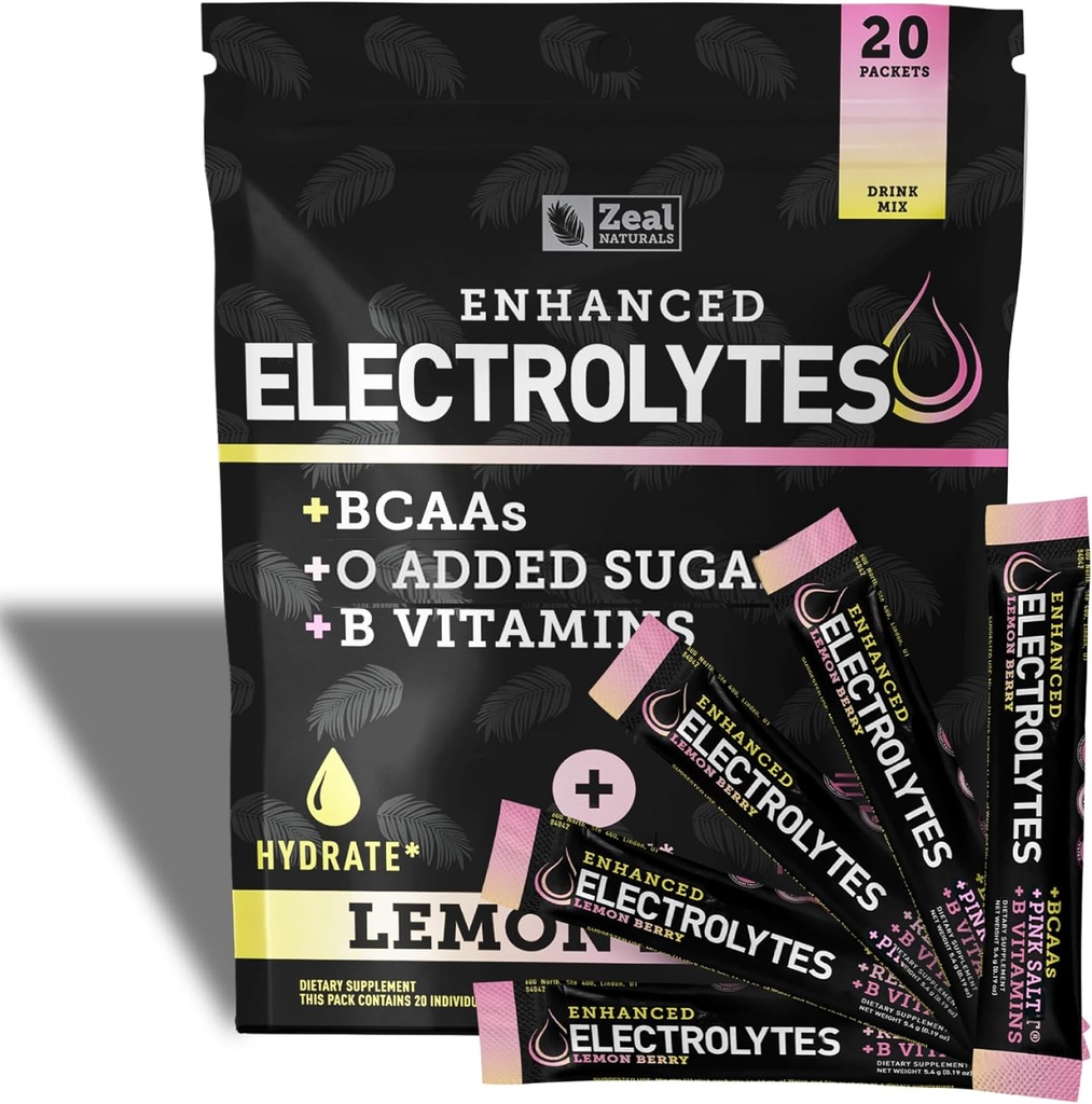 Enhanced Electrolyte Powder Stick Packs (Lemon Berry | 20 Packets) w/ 0 Sugar +BCAAs +B-Vitamins Electrolyte Supplement w Potassium Zinc & Magnesium for Hydration - Keto Electrolytes