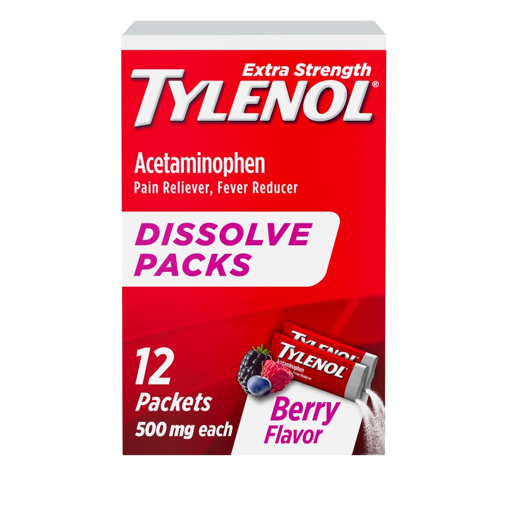 Tylenolの余分強さの分解のパック、500のmgのアセトアミノフェンの苦痛Reliever及びフィーバーの減力剤、マイナー・エイチズ及び苦痛、Ibuprofen及びAspirinなし、ベリー味、12のctのためのオン・ザ・ゴーの粉のパケット