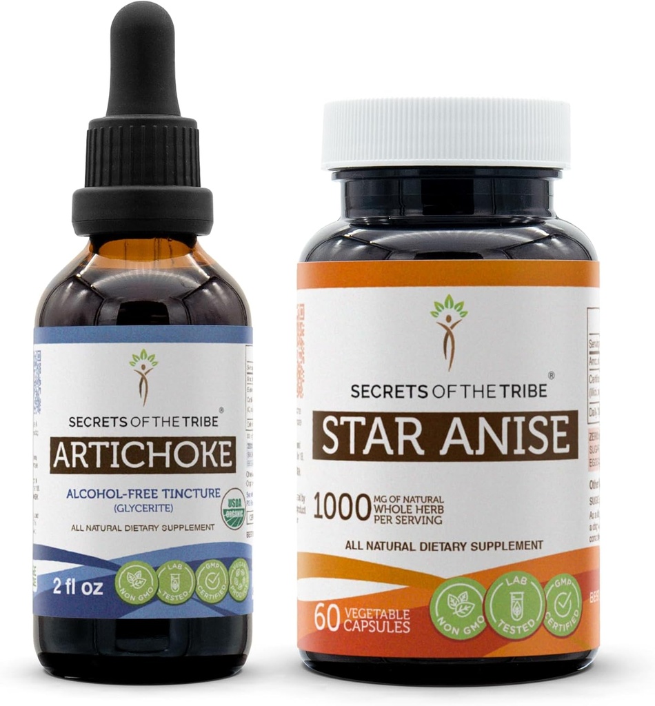 Artichoke USDA Organic and Star Anise Capsules (2 pcs.) | Alcohol-Free Organic Artichoke (Cynara scolymus) Dried Leaf 2 oz and 1000 mg Star Anise (Illicium verum) Dried Seed (60 Capsules)