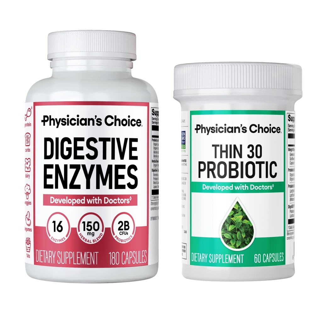 フィジシャンのチョコレート - Bloat +サポート重量管理バンドルを打つ:消化酵素180ct + Thin-30 Probiotic 60ct - 値パック