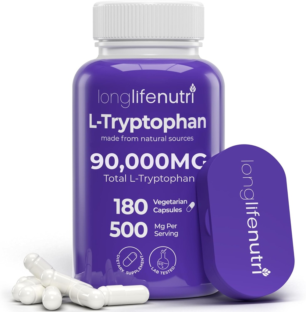 L-Tryptophan 500mg - 180のベジタリアンのカプセル、睡眠補助金および気分安定性のための6か月の供給、米国、非GMOでなされる実験室テストされる