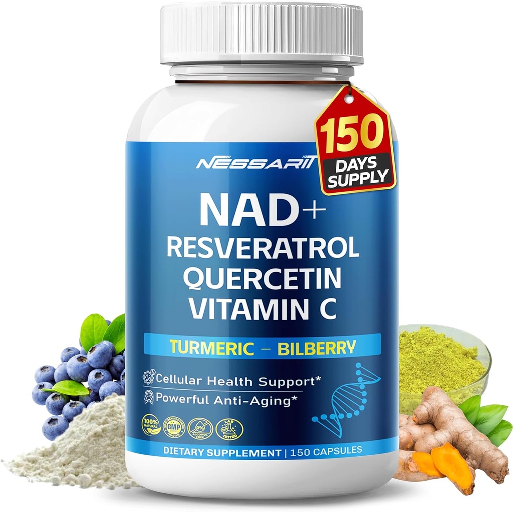 NAD + RESVERATROLサプリメント - 10in-1 ケルセチンターメリックベルベリーグリーンティーとナチュラルブレンド - 150 カウント - アメリカで作られてテスト
