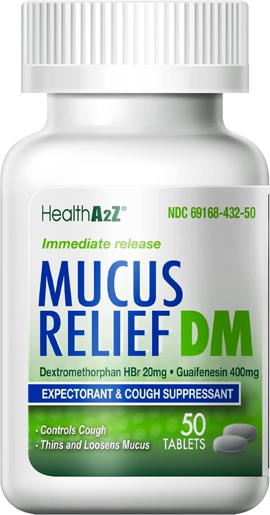 HealthA2Z® MucusリリーフDM | Dextromethorphan HBr 20mg | Guaifenesin 400mg | ベンゼンなし | 咳、即時リリース、未塗装(50カウント)
