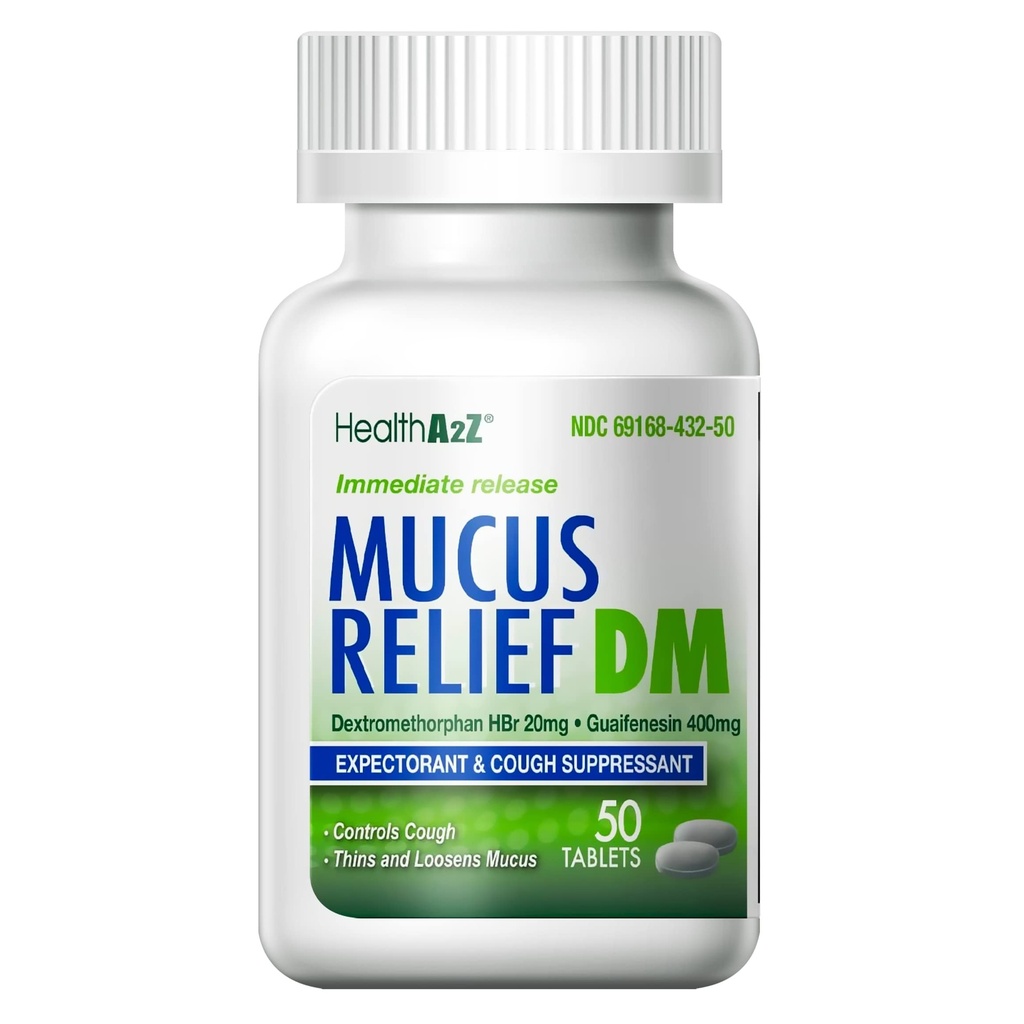 HealthA2Z® MucusリリーフDM | Dextromethorphan HBr 20mg | Guaifenesin 400mg | ベンゼンなし | 咳、即時リリース、未塗装(50カウント)