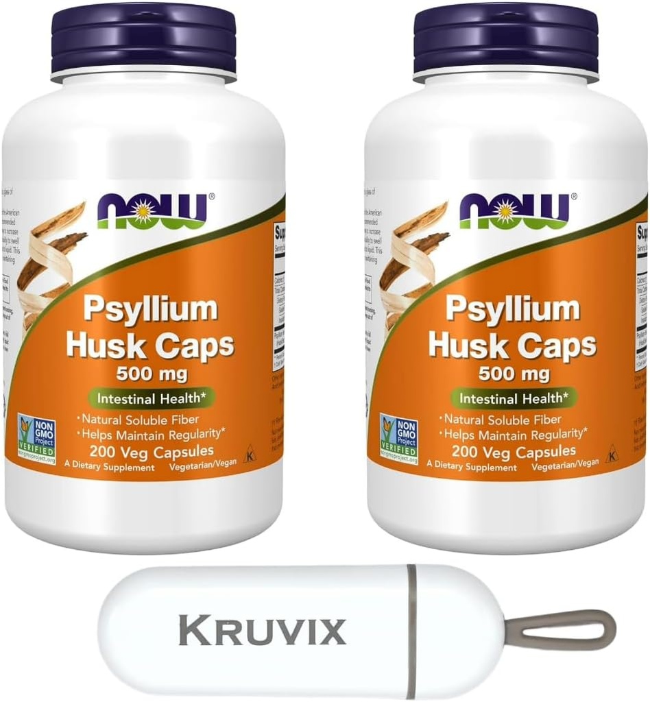 NOW Foods サプリメント、Psyllium Husk キャップ 500 mg | Non-GMO プロジェクト 検証済み、天然溶性繊維、腸の健康* | 200 Veg カプセル - ピルオーガナイザー付き2パック