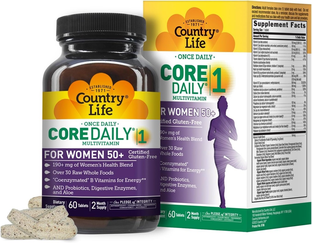 Country Life CORE Daily-1 for Women 50+ Multivitamin - Formulated for Women Over 50, Complete Daily Nutrition with Women's Health Blend, Coenzymated B Vitamins, Probiotics, and Digestive Enzymes