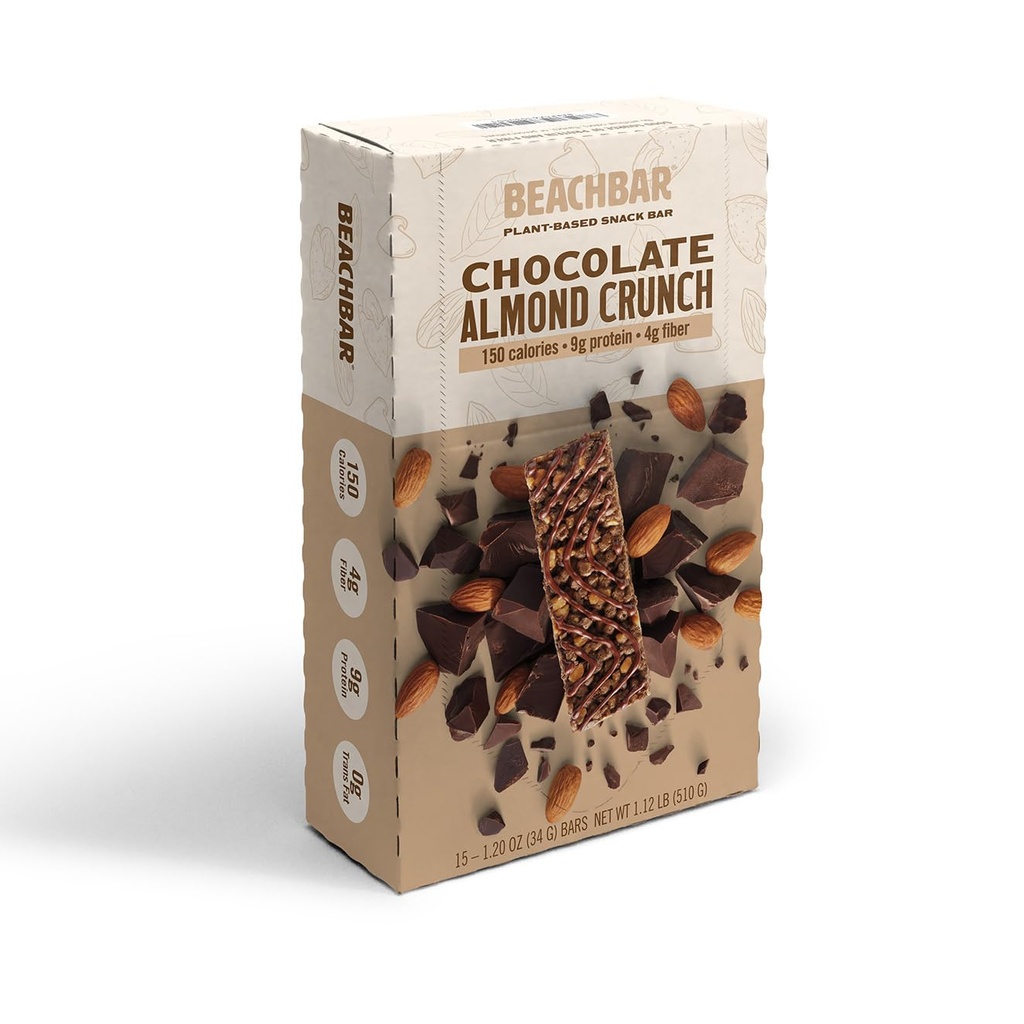 BODi BEACHBAR Plant-Based Chocolate Almond Crunch – Protein Rich Vegan Snack Bar, Gluten-Free, Low Glycemic Index, 10g Protein, 150 Calories, 15 Bars per Box