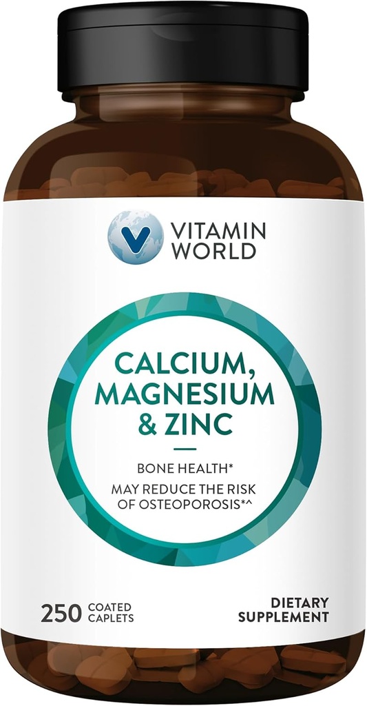 Vitamin World Calcium Magnesium Zinc"Promotes Bone Health 250 Coated caplets