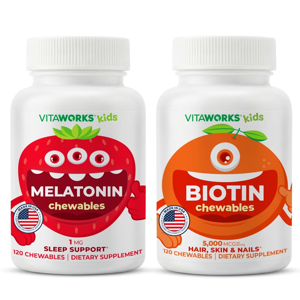 子供のMelatonin 1mgのChewables +Biotin 5000mcgのChewablesの束