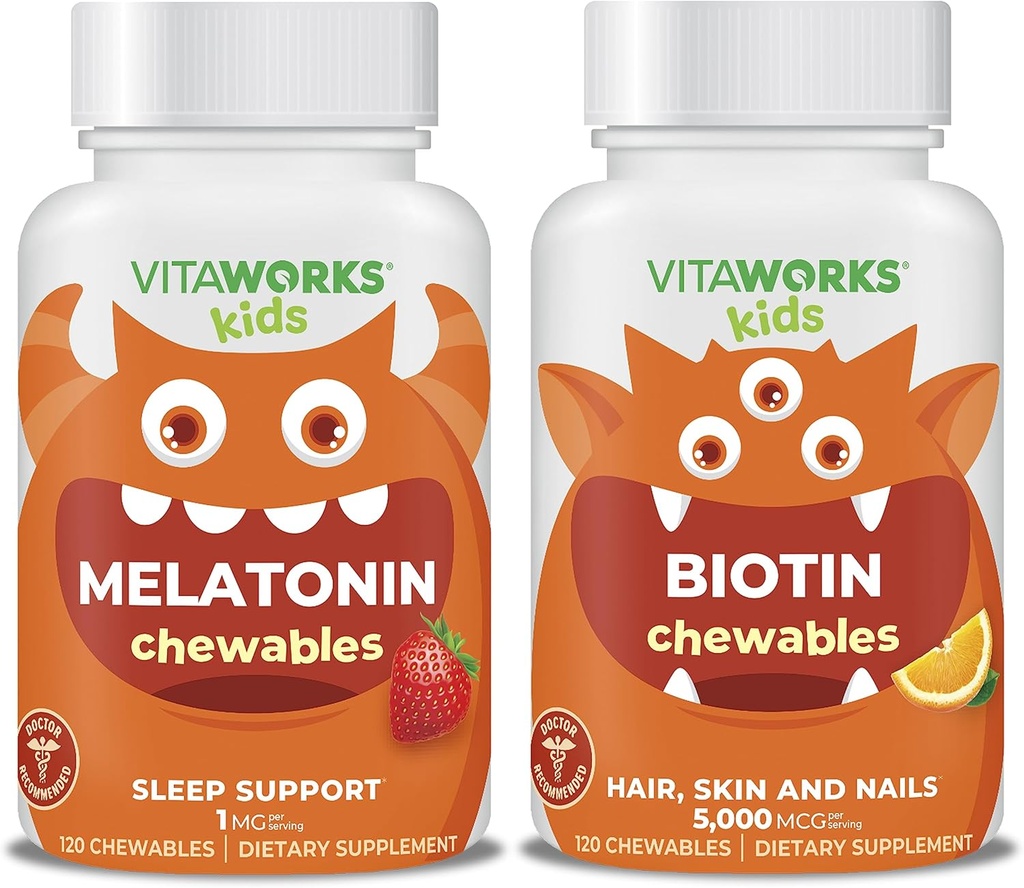 Kids Melatonin 1mg Chewables + Biotin 5000mcg Chewables Bundle