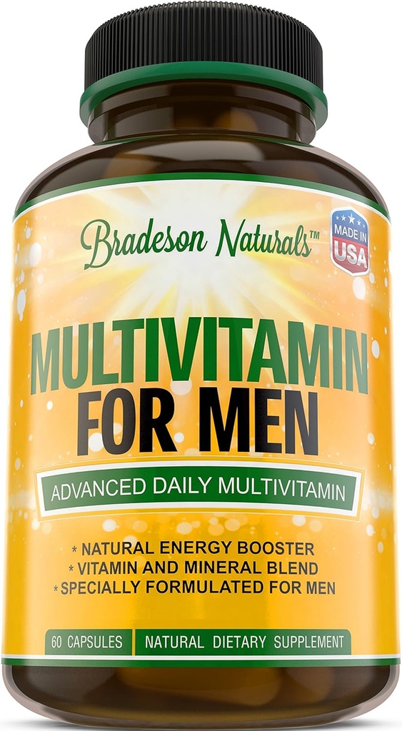 Men's Multivitamin Supplement for Energy, Focus and Performance. Mens Vitamins A, C, D, E & B12, Zinc, Calcium, Magnesium & More. Multi Vitamin 60 Capsules Made in The USA