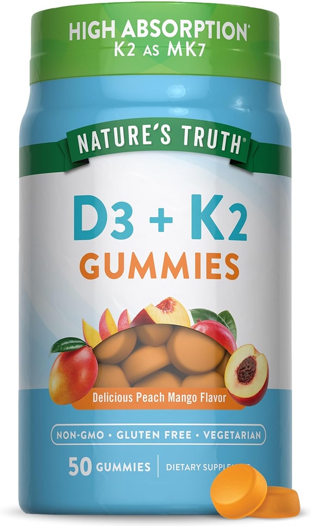 Nature's Truth Vitamin D3 + K2 Gummies | 50 カウント | ピーチマンゴーフレーバー | ベジタリアン・非GMO・グルテンフリーのサプリメント