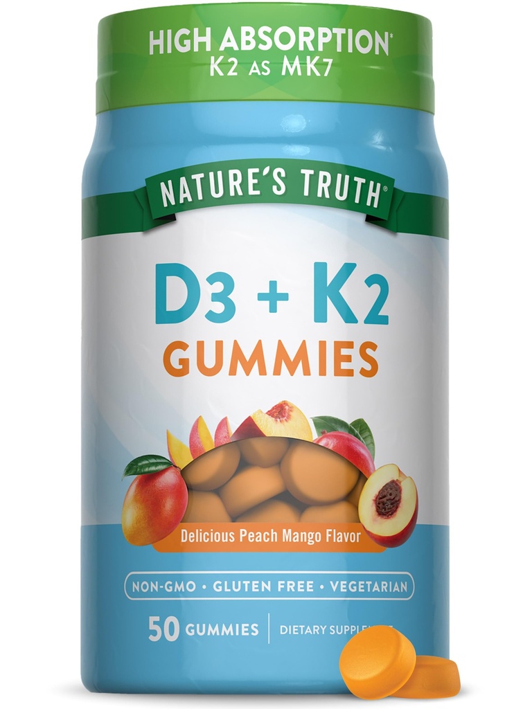 Nature's Truth Vitamin D3 + K2 Gummies | 50 カウント | ピーチマンゴーフレーバー | ベジタリアン・非GMO・グルテンフリーのサプリメント