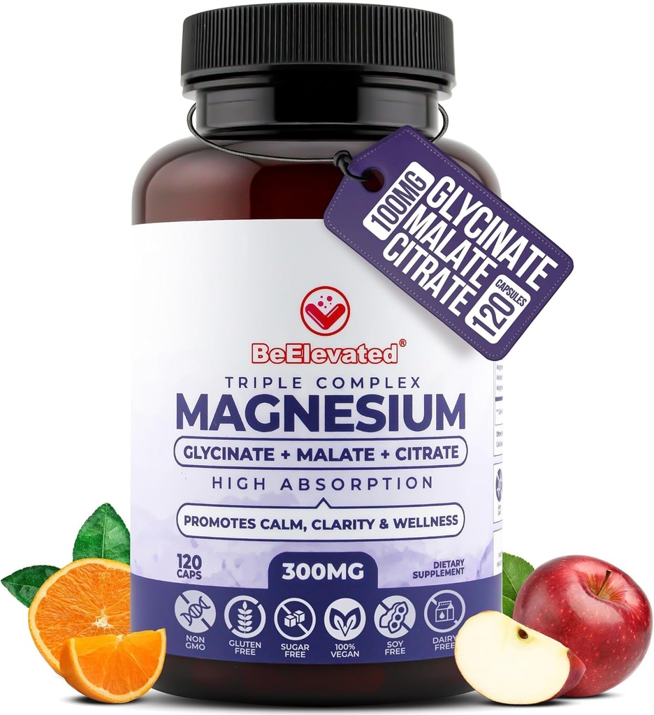 Triple Complex Magnesium Supplement – Fast-Acting Magnesium Complex Supplement with Glycinate, Citrate & Malate for Relaxation, Sleep & Well-Being – Natural, Vegan, Non-GMO Capsules (300mg)