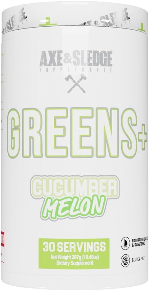 Axe & Sledge Greens + Superfood Powder | グリーンズジュース、プロバイオティクス、消化酵素、アッシュワガンダ、ココナッツウォーターパウダー | 自然に風味豊かで甘く、30 サービング、プラスV2キュウリメロン